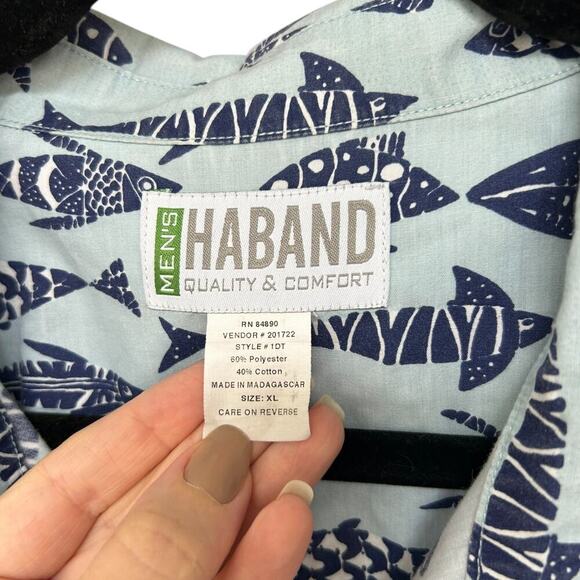 HABAND Men's Blue Fish Camp Shirt Size XL Snap Closure Cruise Vacation Resort - Picture 3 of 6